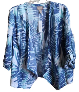 NEW Chicos Sz 2 (L) 3/4 Drape Front Luxe Leaves Reef Summer Tropics Linen Jacket - Picture 1 of 11