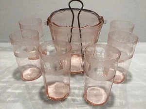 Juego de 6 vasos planos y cubo de hielo rosa escena de golf Cambridge Glass RARO - Imagen 1 de 10