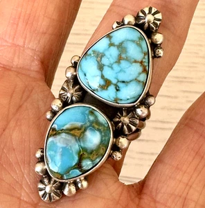 Navajo Sonoran Gold Turquoise Ring Sz 8 Signed Skeets Matte Sterling Two Stone - Picture 1 of 7