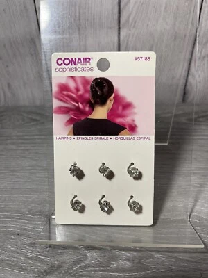 Conair Sophisticates 6 Silver Tone Metal Hairpins Diamond Rhinestones Spiral  - Image 1 of 2