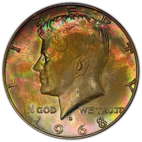 Rainbow Toned 1968-D JFK KENNEDY HALF DOLLAR PCGS MS64 Amazing Colors Toning Cover