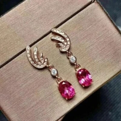 4Ct Oval Cut Lab Created Ruby Women Drop Dangle Earring 14K Rose Gold Finish - Image 1 of 4