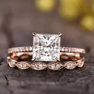 Vintage Princess Cut Moissanite Ring With Matching Band Antique Wedding Ring Set - Picture 1 of 6