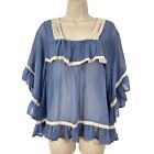 Ya Los Angles Womens Top Large Blue Sheer Silk Blend Peasant Crochet Lace Layer