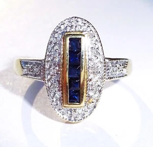 9ct Gold Art Deco Style Emerald Cut Sapphire & Diamond Oval Ring, Size Q - Picture 1 of 12