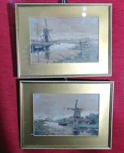 Dutch windmills Ger van Vliet pair signed period frame original pastel painting - Picture 1 of 5