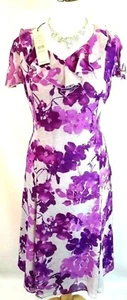 New Jacques Vert dress 16 18 20 22 Chiffon Floral Fit & Flare Purple Grey Frill - Picture 1 of 10