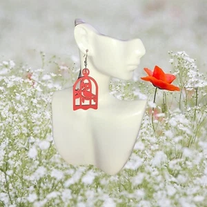 Red Color Laser Cut "Bird in a Cage" Earrings - Picture 1 of 4