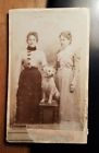 2 junge Frauen mit Hund auf Hocker / CDV grob um 1900
