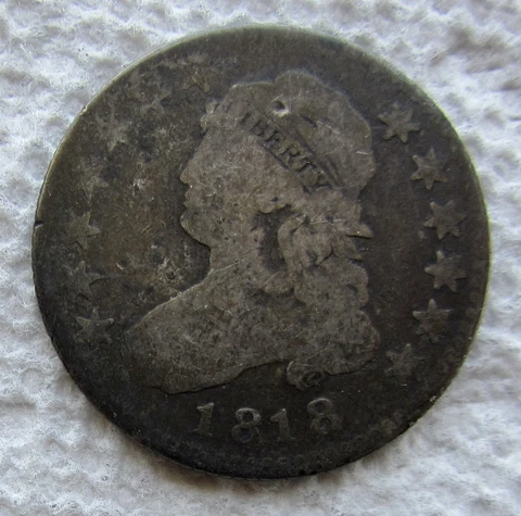 1818 25C Capped Bust Silver Quarter Large Diameter Rare Date Good Dark Surfaces Cover
