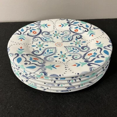 Cynthia Rowley Melamine Salad Plates 8.5" Blue White Floral Scroll Set of 6 - Image 1 of 4