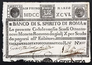 banco di santo spirito roma 89 scudi 01 03 1796 ottimo esemplare spl lotto.736 - Imagen 1 de 2