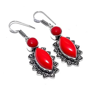 Coral Gemstone 925 Sterling Silver Earring 2.0" D519 - Picture 1 of 8