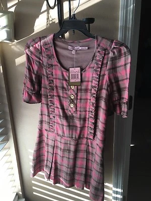 NWTs JUICY COUTURE Pink/Brown/Taupe Gold Thread Plaid Ruffled Dress, Size: 10 - Image 1 of 2
