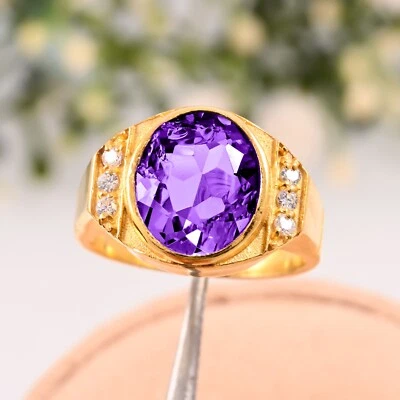 Anillo de oro de regalo para hombre AAA natural facetado amatista brasileña oro amarillo sólido de 14K. Foto 1 de 3