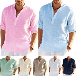 Mens Cotton Linen Beach Shirts Casual Solid Loose Long Sleeve Shirt Blouse Tops - Picture 1 of 28