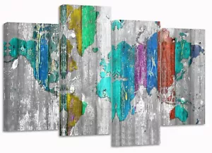 mappa del mondo stampe su tela rustiche colorate, spaccate in legno - Foto 1 di 2