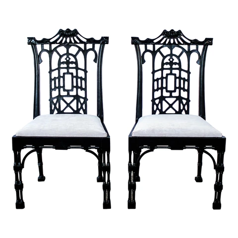 Pair of George III Style Ebonized Pagoda Top Chinese Chippendale Side Chairs Cover