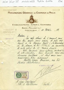 Dépt 38 - Grenoble Rue Billerey - Petite Entête d'une Chapellerie du 10/02/1933 - Picture 1 of 1