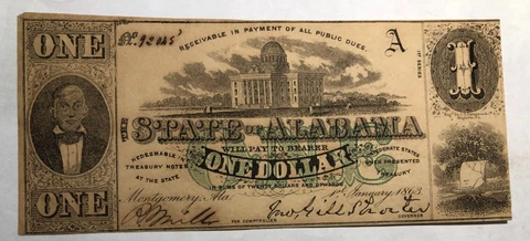 The State of ALABAMA Montgomery 1863 $1 note. Confederate  #ur  ALCR1 Cover