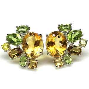 925 Plata de Ley Citrino Amarillo, Peridoto & Sapphire Pendientes Oro Blanco - Imagen 1 de 4