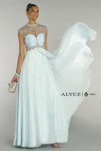 New Alyce Paris 6414 Ice Blue Chiffon Illusion Neckline Prom Dress - Picture 1 of 4