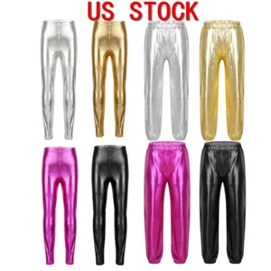Kids Girls Metallic Long Pants Hip Hop Jazz Street Dance Leggings Trousers - Picture 1 of 73