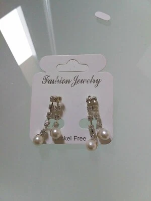 Orecchini Pendenti Argento Brillantini Con Perle! - Immagine 1 di 3