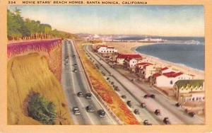 Postal CA: Casas de playa de estrellas de cine, Santa Mónica, California Linen años 40 - Imagen 1 de 2
