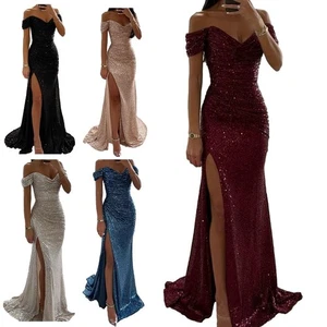 Stylish Split Long Dress for Evening Parties Sequined Off Shoulder Design - Picture 1 of 22