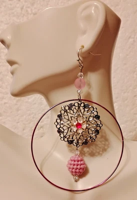Pink Floral Acrylic Hoop Dangle 3.25" Earrings – Lightweight, Modern Design - Image 1 of 3