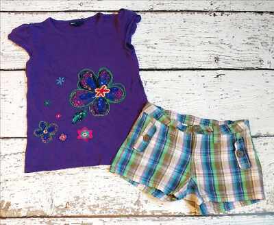 GAP KIDS 10 "Senegal" Girls Purple Sequin Flower Top and Plaid Shorts 10  VGUC - Image 1 of 4