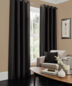 Cortinas Completamente Forradas Ojales Anillo Top Imitación Seda Par de Cortinas Negro 66 X 54" - Imagen 1 de 3