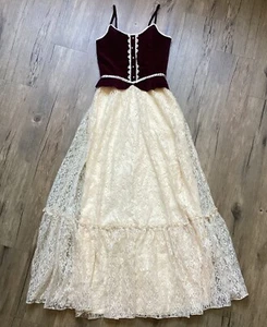 VTG Candi Jones California Cream Victorian Lace Prairie Dress Wine Velvet Size 5 - Picture 1 of 19