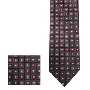 Vintage Square Design 2.75" Inches Necktie and Pocket Square Hanky Burgundy Gray - Picture 1 of 1