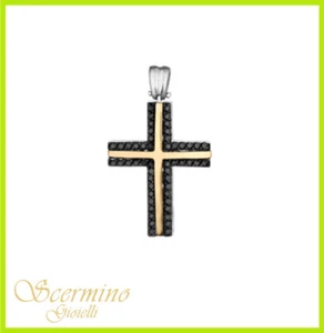 PENDENTE CROCE DA UOMO IN ORO BICOLORE 18K CON DIAMANTI NATURALI 0.26 CARATI - Picture 1 of 4