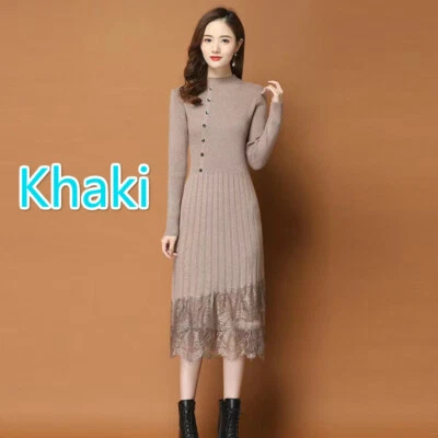 Lady Jumper Dress Knitted Long Sleeve Lace Trim Knitwear Midi Casual Autumn Warm - Image 1 of 4