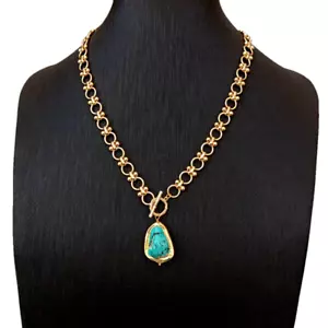 Gold Plated Chain Chokers Necklace Blue Turquoise Pendant Designer Gems Jewelry - Picture 1 of 6