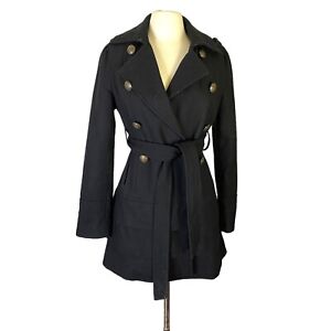 Vintage Y2k Express Black Wool Belted Ruffle Tiered Bottom Pea Coat Trench XS