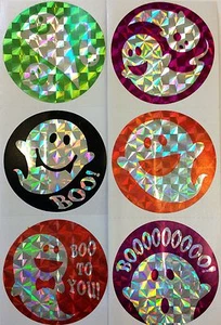 25 Foil Prism Ghost Halloween Stickers Party Favors Teacher Supply Boo - Picture 1 of 2