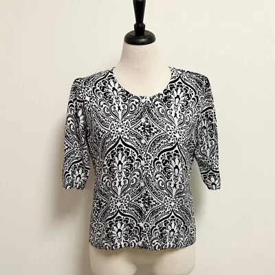 Evie Black White Damask Button Up Half Sleeve Knit Cotton Cardigan XL RUNS SMALL - Image 1 of 4