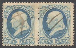 US Sc# 182 USED { 1c FRANKLIN  PAIR} PEN CANCEL BEAUTY SOFT POROUS PAPER OF 1879 - Picture 1 of 3
