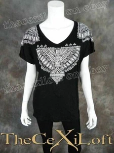Womens Black Short Sleeve Shirt with Tribal Crystal Designs Vocal Brand - Picture 1 of 5