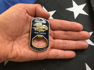 SUPPORT OUR TROOPS Dog Tag Bottle Opener USA Challenge Coin Keychain - Picture 1 of 7