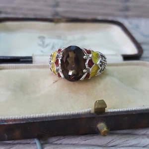 925 Sterling Silver Ring, Smoky Quartz Gem Ring, Enamel Lotus, Size O.5 US 7.5 - Picture 1 of 7