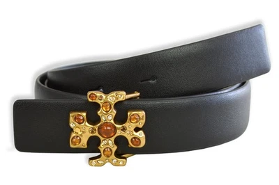 Tory Burch Womens 146014 1" Jewel Embellished Buckle Smooth Leather Belt, Bla... - Image 1 of 3