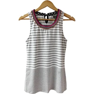 Anthropologie ONE SEPTEMBER Striped Tank Top SZ Medium Pom Poms White Gray Boho - Picture 1 of 9
