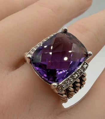 Anillo David Yurman Plata de Ley 925 Grande 4 Tamaño 8 16x12mm Amatista y Diamante Foto 1 de 4