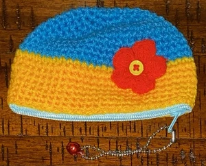 Crochet Coin Pouch Bag Zip Close Hat Shaped With Red Flower Blue & Orange NEW - Picture 1 of 2