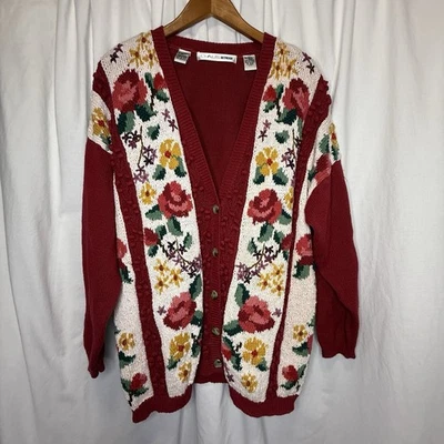 Chaus Women's Red/Rust Floral Cardigan Button Up Sweater Vintage Grandmacore - Image 1 of 4